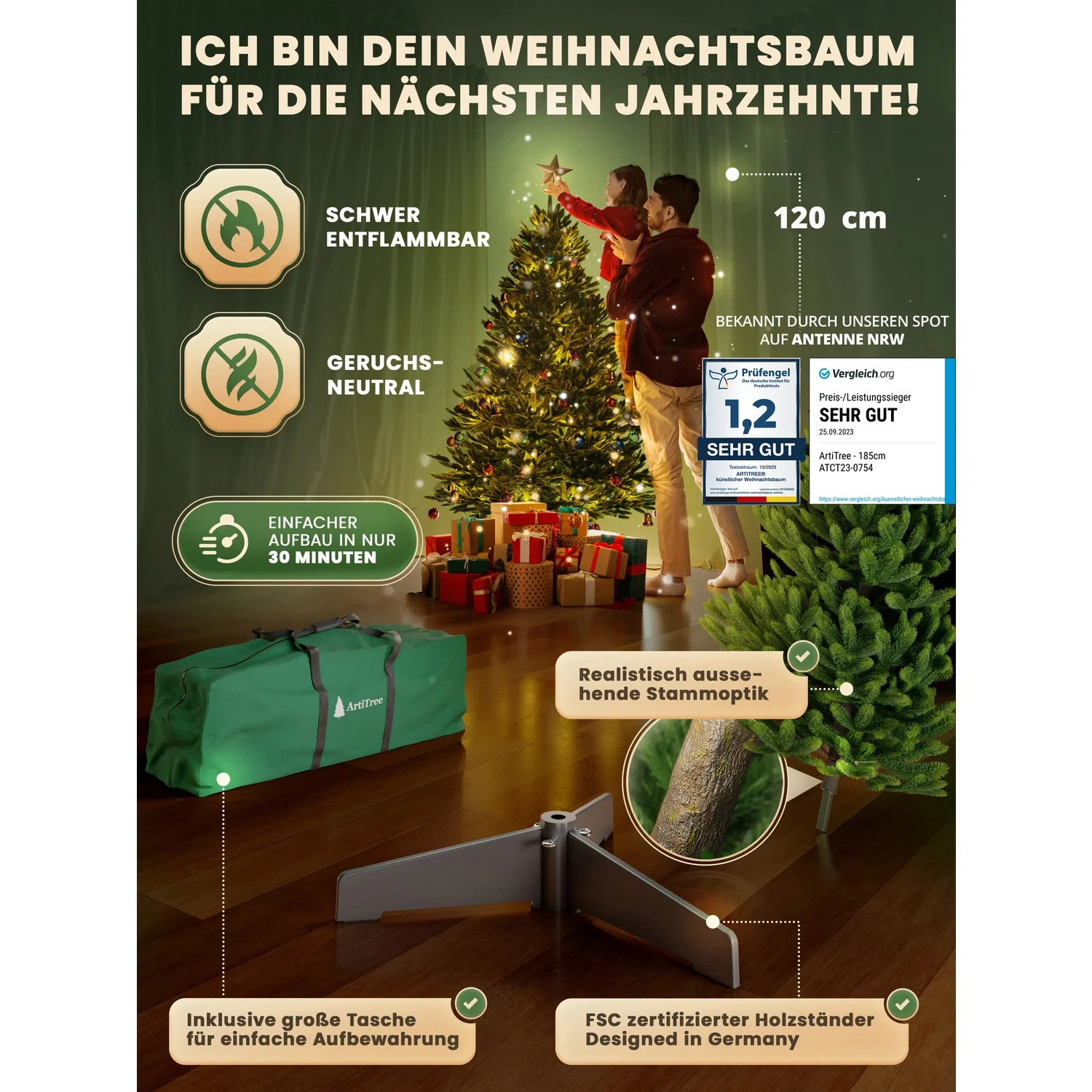 ArtiTree - Weihnachtsbaum „Premium Tanne“ – 120 cm • Mit LED-Holzständer