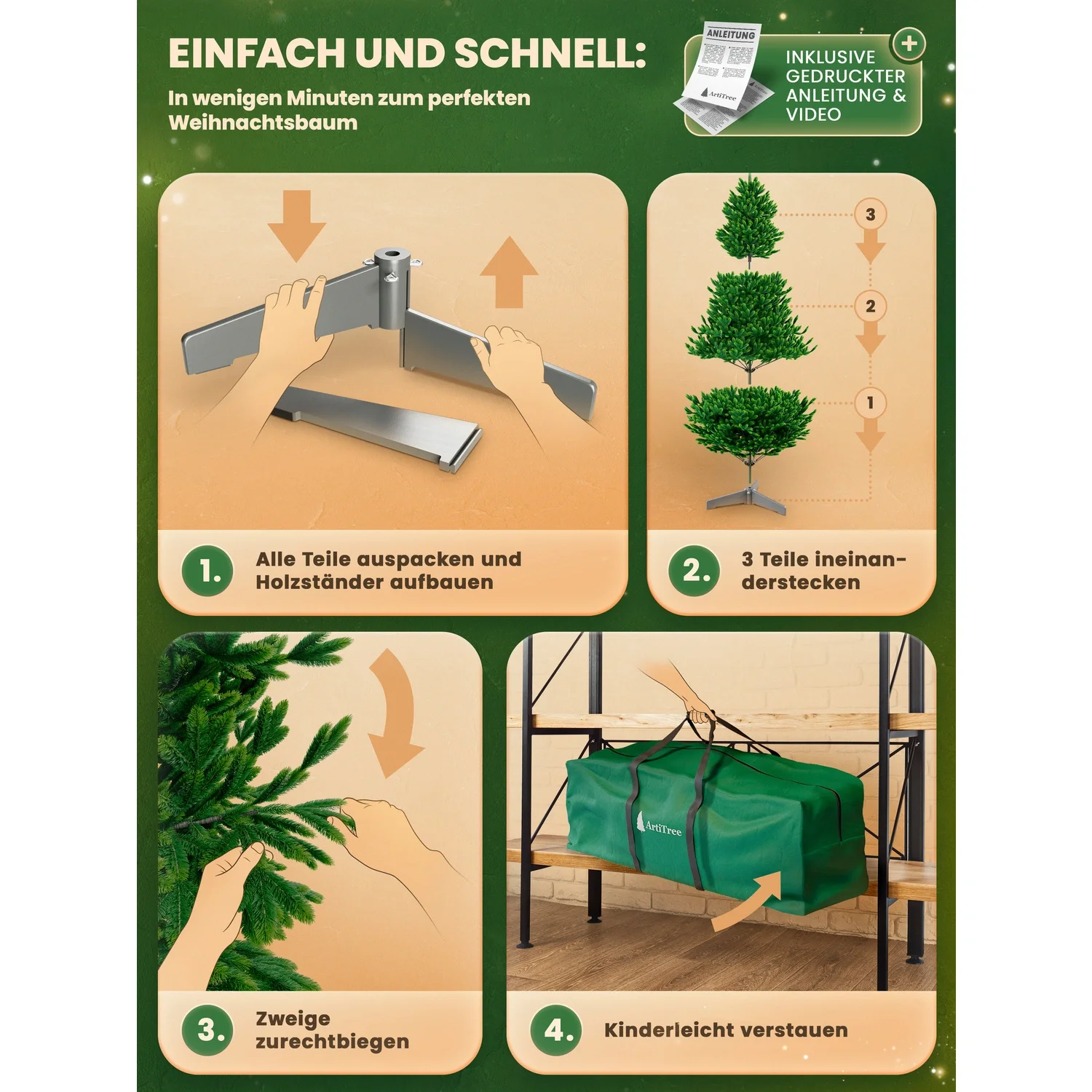 ArtiTree - Weihnachtsbaum „Premium Tanne“ – 120 cm, mit Holzständer