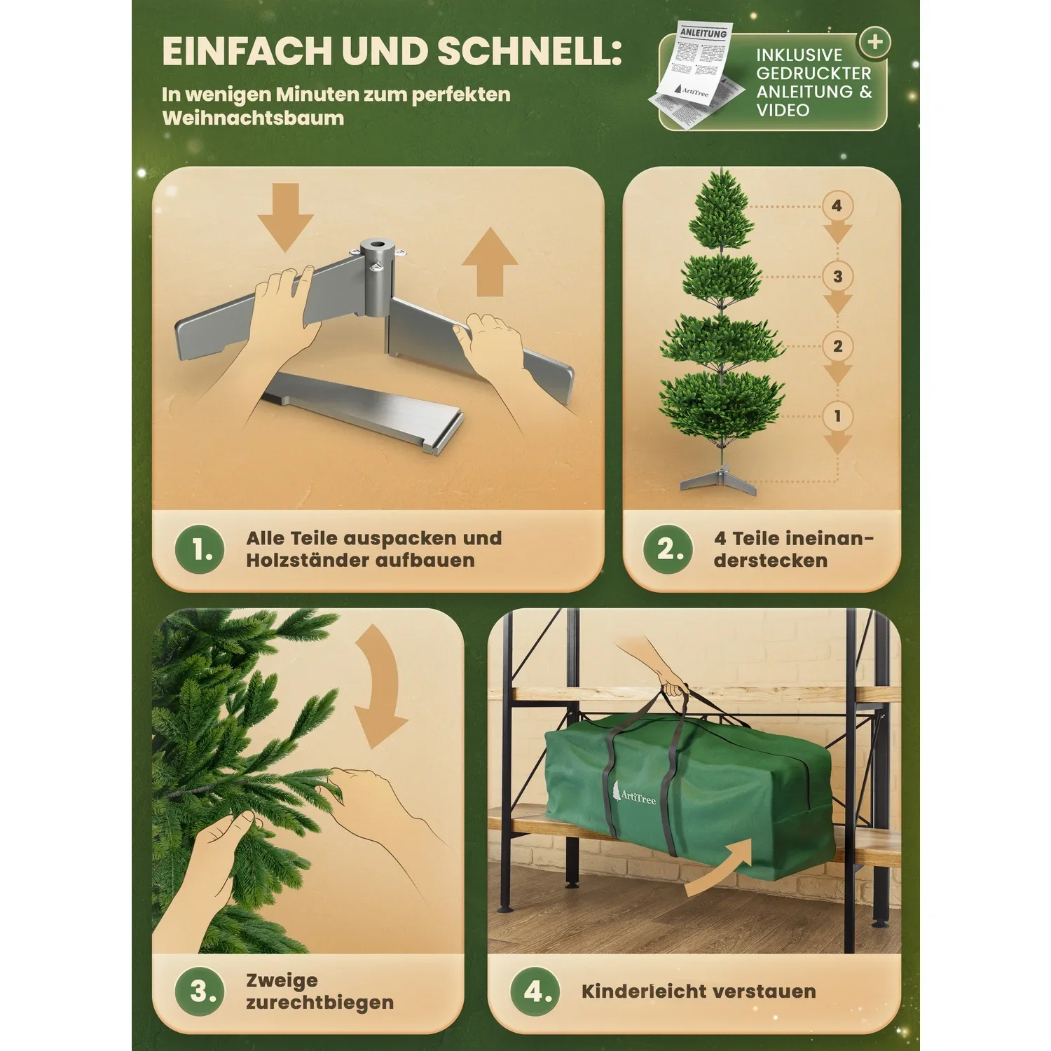 ArtiTree - Weihnachtsbaum „Premium Tanne“ – 210 cm, mit LED-Holzstände