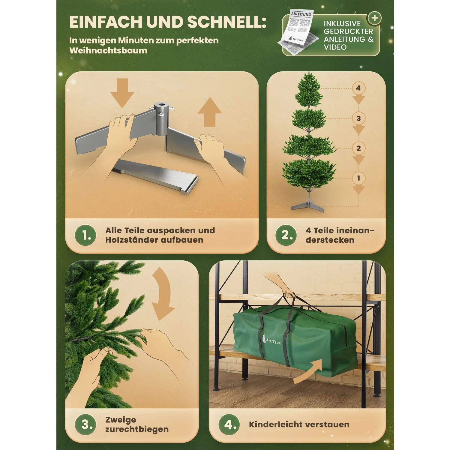 ArtiTree - Weihnachtsbaum „Premium Tanne“ – 240 cm, mit LED-Holzständer