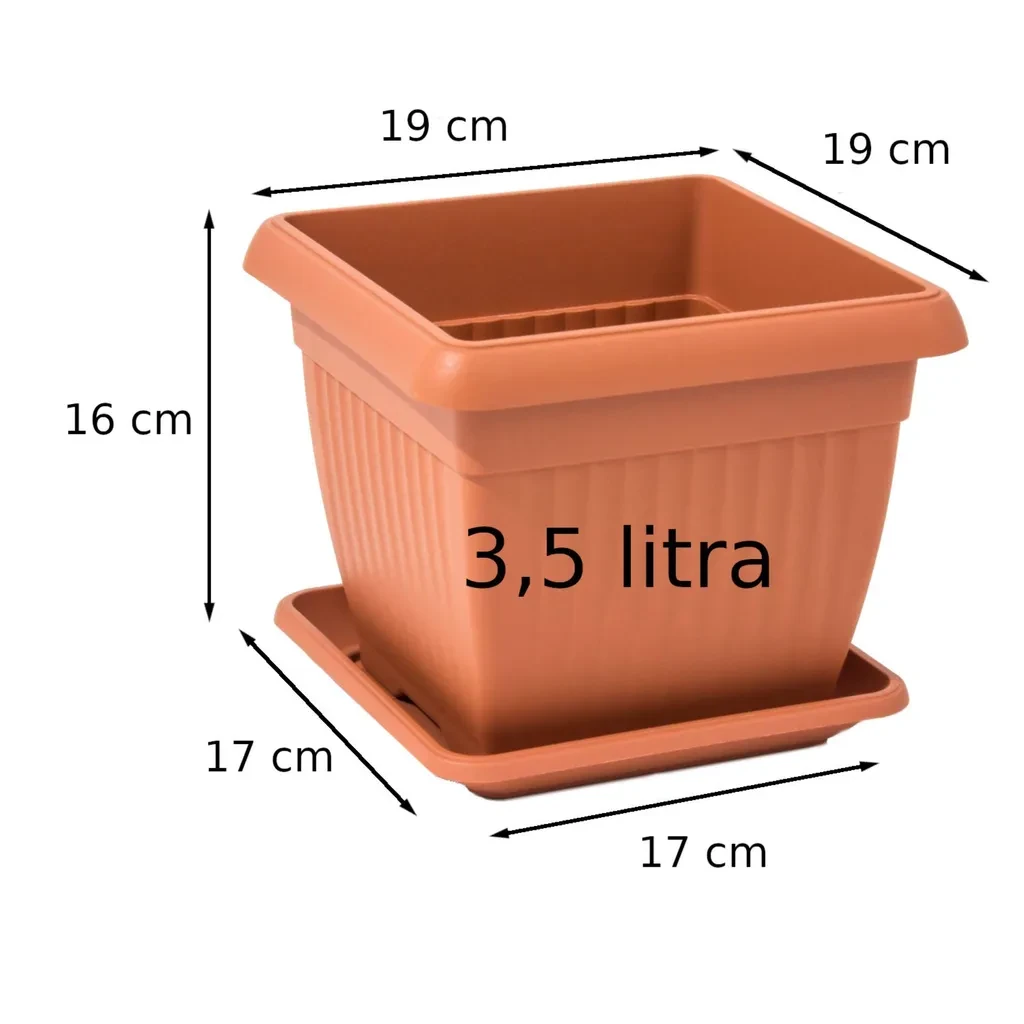 Blumenkübel quadratisch mit Untersetzer – 19 cm, Terrakotta-Struktur, 3,5 L
